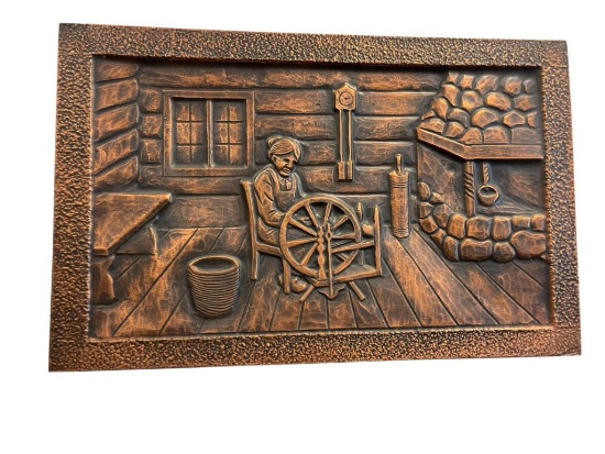 VINTAGE NORWEGIAN SYKKYLVEN KUNSTSMIE COPPER ART IN RELIEF REPOUSSE "KONE VED ROKKEN."
