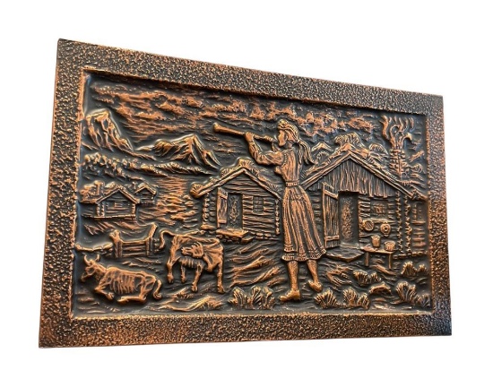 VINTAGE NORWEGIAN SYKKYLVEN KUNSTSMIE COPPER ART IN RELIEF REPOUSSE "SETERJENTENS SONDAG."