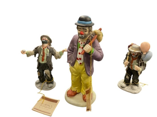 THREE VINTAGE FLAMBRO EMMETT KELLY JR. HAND PAINTED PORCELAIN FIGURINES WITH MAKER'S TAG ON EACH