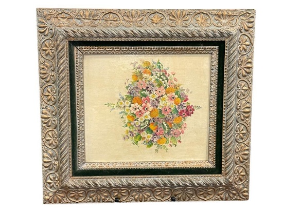 VINTAGE MID-CENTURY SIGNED ORIGINAL OIL ON BOARD PAINTING OF FLOWER BOUQUET