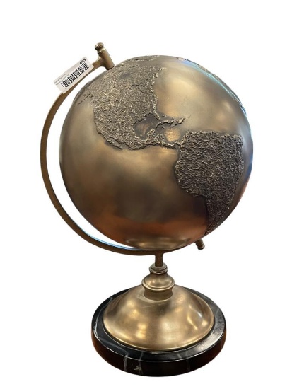 ELEGANT GOTTSCHALKS BRONZE TONE WORLD GLOBE WITH CONTINENTS IN RELIEF ON BLACK WOOD BASE
