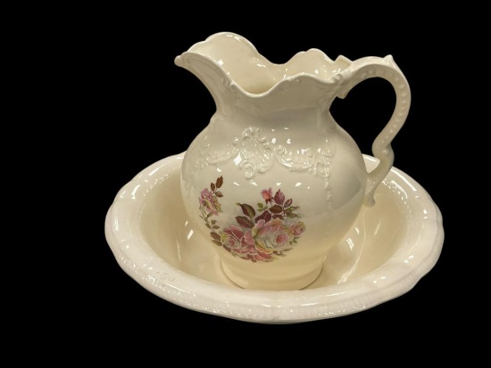 ANTIQUE ARNER'S POTTERY PITCHER AND WASH BASIN WITH HANDPAINTED PINK ROSE DESIGN