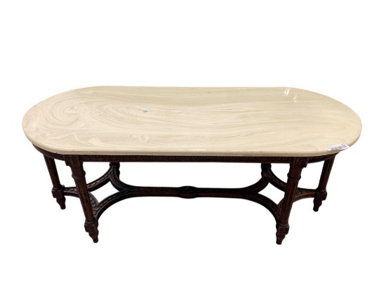 VINTAGE MID-CENTURY WHITE MARBLE STONE TOP OVAL COFFEE TABLE WITH ALABORATE CARVED WOOD BASE
