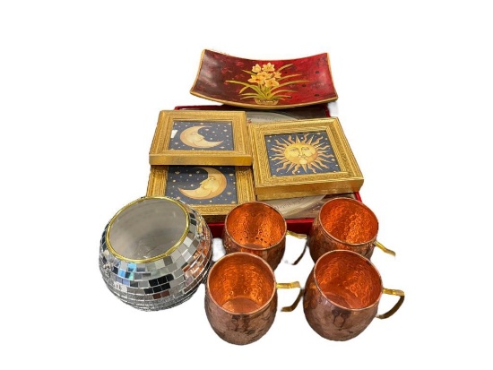 ASSORTED HOME DECOR INCLUDING FOUR COPPER MUGS, FOUR MOON PHASESM PLATTER, AND MORE