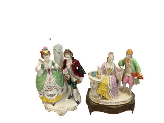 TWO VICTORIAN HANDPAINTED PORCELAIN COURTING LAMPS