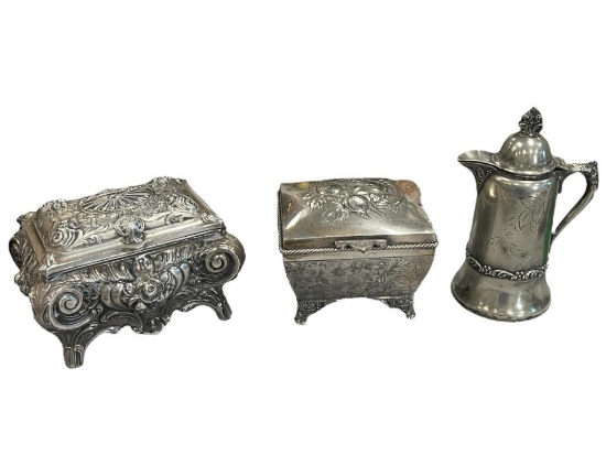 THREE PIECES OF ANTIQUE SILVER PLATE INCLUDING TWO TRINKET BOXES AND SMALL PITCHER BY NEW AMSTERDAM