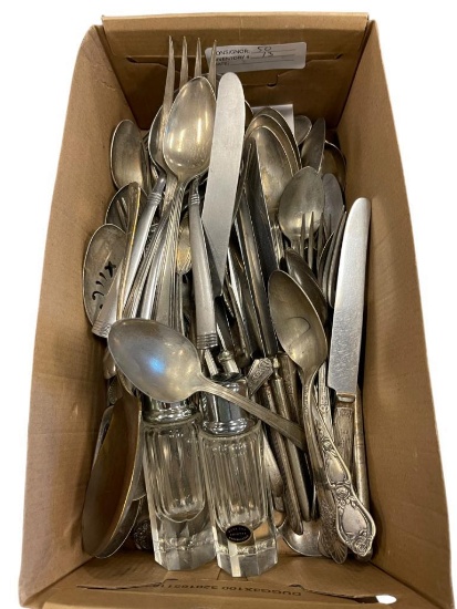 ASSORTED SILVER PLATE FLATWARE UTENSILS ALONG WITH HAND CUT CRYSTAL SALT AND PEPPER SHAKERS