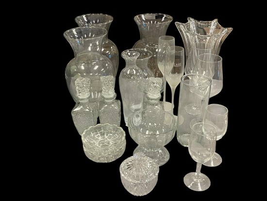 ASSORTED CLEAR GLASS, TABLEWARE, STEMWARE, DECOR, HEAVY ABSTRACT VASE