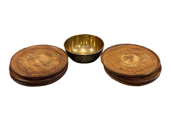 SET OF SIX HAND CARED MIDDLE EASTERN ROSEWOOD COASTERS WITH INLAY