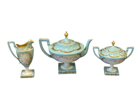 ANTIQUE EARLY 1900'S JEAN POUYAT LIMOGES FENCH PORCELAIN TEAPOT, CREAMER, AND SUGAR BOWL