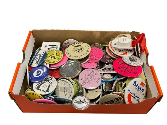 ASSORTED BUTTON COLLECTION, CORONATION '77, VALENTINES BALL, POLITICAL, ROYALTY, ETC