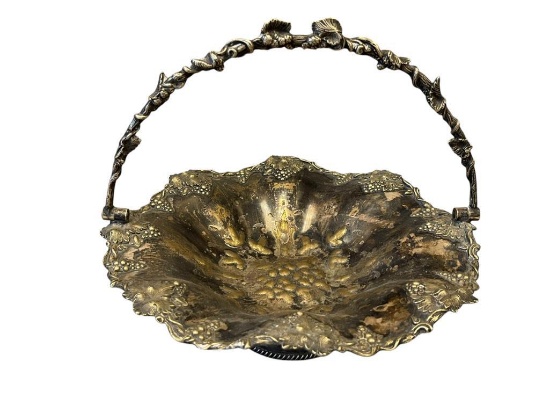 ANTIQUE VICTORIAN PERIOD SILVER PLATE REPOUSSE FRUIT BASKET, GRAPEVINE DESIGN