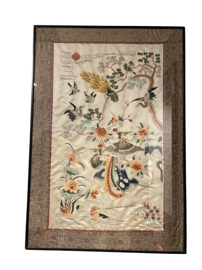 VINTAGE CHINESE EMBROIDERED SILK TAPESTRY VARIOUS SPECIES OF BIRDS