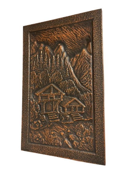 VINTAGE NORWEGIAN SYKKYLVEN KUNSTSMIE COPPER ART IN RELIEF REPOUSSE "BAKOM SYNGER SKOGENE."