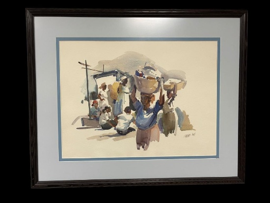 LISTED ARTIST IRVING SHAPIRO AWS ORIGINAL WATERCOLOR OF VILLAGE PEOPLE