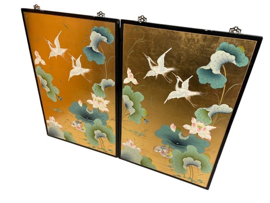 VINTAGE MID-CENTURY TWO-PIECE ASIAN GOLD LEAF PAINTING FEATURING CRANES AND CHRYSANTHEMUMS