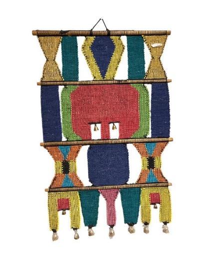 VINTAGE MID-CENTURY SOUTH AMERICAN WALL HANGING WEAVING FEATURING ALPACA DESIGN WITH BRONZE BELLS