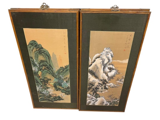 SET OF FOUR VINTAGE MID-CENTURY CHINESE SCROLL STYLE LANDSCAPE PAINTINGS ON PANELS