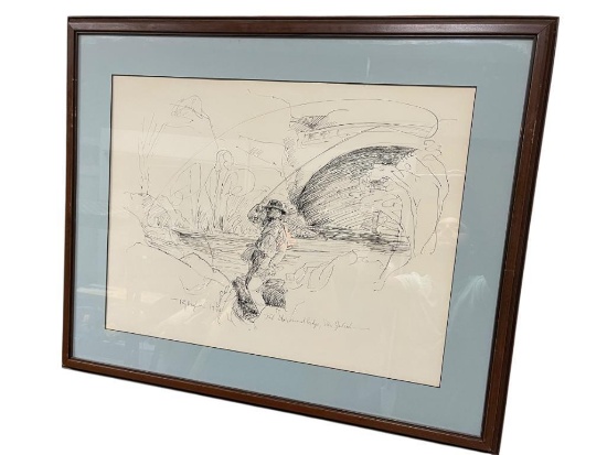 PEN AND INK DRAWING BY THE FLYFISHING MAFIA AND DATED 1976 "BOB AT SECOND BRIDGE SAN GABRIEL"