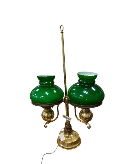 VINTAGE CARRIAGE TRADE OF TAHOE DOUBLE STUDENT TABLE LAMP WITH BRASS BASE AND GREEN GLASS SHADES