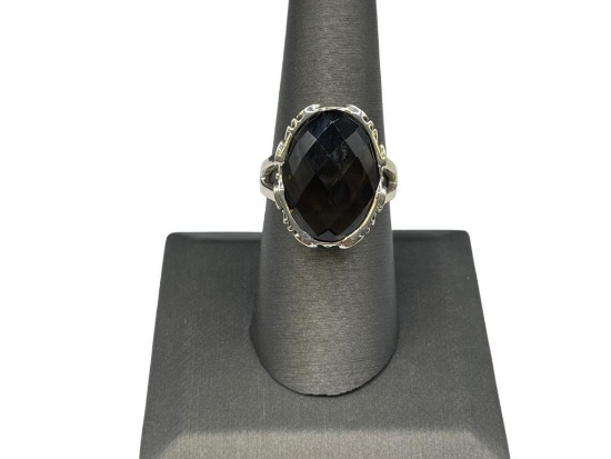 STERLING SILVER CHECKERBOARD SMOKEY QUARTZ RING