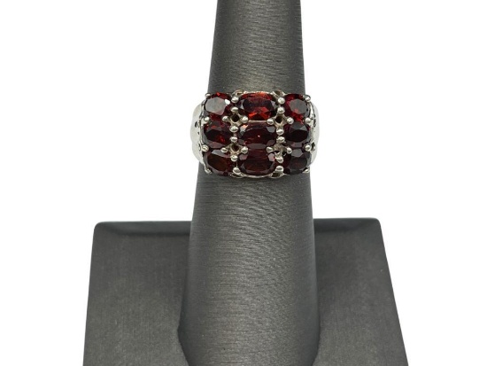 STERLING SILVER OVAL CUT GARNET RING FEATURING THREE ROWS OF GARNETS