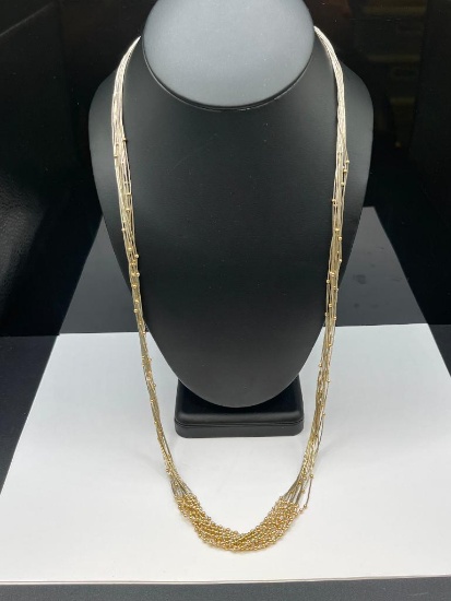 10 STRAND STERLING SILVER LIQUID SILVER NECKLACE WITH GOLD TONE BEADS