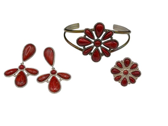 STERLING SILVER COMPOSITE CORAL JEWELRY SET INCLUDING CUFF BRACELET, EARRINGS, AND RING