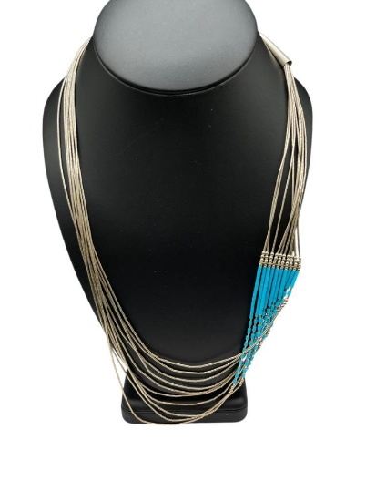 10 STRAND STERLING SILVER LIQUID SILVER NECKLACE WITH TURQUOISE BEADS