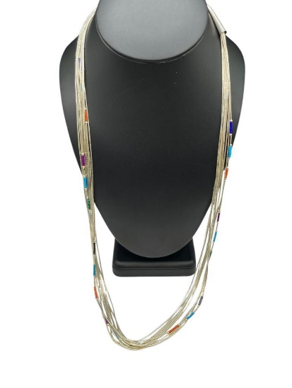 10 STRAND STERLING SILVER LIQUID SILVER NECKLACE WITH MULTI-COLOR BEADS