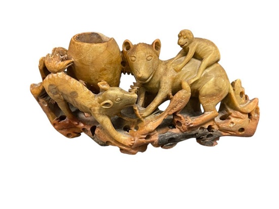 VINTAGE CHINESE CARVED SOAPSTONE VASE CARVING WITH ANIMALS, BIRDS, MONKEY, AND RODENTS