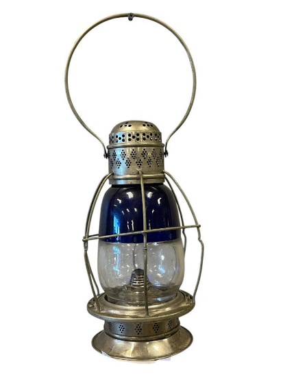 20TH CENTURY CHROME FINISH RAILROAD LANTERN WITH COBALT BLUE AND CLEAR GLASS SHADE