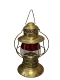 20TH CENTURY BRASS FIRE CHIEF'S FIREMAN LANTERN WITH RUBY RED AND CLEAR GLASS GLOBE, DUAL WICK