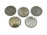 FOUR 1922 AND ONE 1922-D U.S. PEACE SILVER DOLLARS