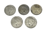FIVE ASSORTED U.S. PEACE SILVER DOLLARS