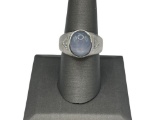 14K WHITE GOLD OVAL CABOCHON MOONSTONE AND TRILLIANT CUT DIAMOND RING