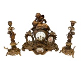 FRENCH GILT ORMULU MANTEL CLOCK WITH CHERUB AND GRAPEVINE CANDLE HOLDERS D' AUREVILLE, CHAMEROY