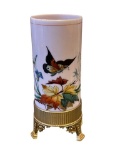 VINTAGE MID-20TH CENTURY CYLINDRICAL GLASS VASE WITH GILT SILVERPLATE MERIDEN 3-FOOTED BASE