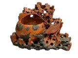20TH CENTURY CHINESE HAND CARVED SOAPSTONE BRUSH POT OR INK POT WITH BIRD AND FOLIAGE