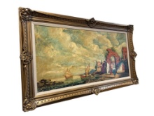 LARGE EMBELLISHED PRINT ON CANVAS EUROPEAN COASTAL SCENE
