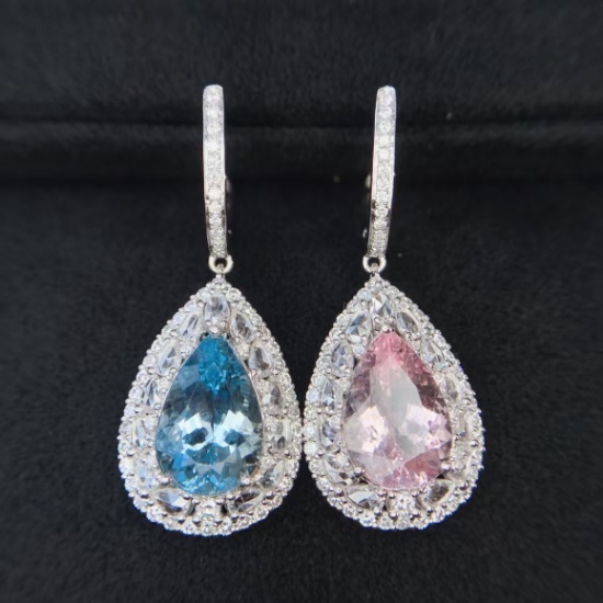 14k Gold 8.04 Ctw Natural Aquamarine & Morganite & Diamond Earrings