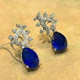 14k Gold 5.75 Ctw Vivid Blue Natural Sapphire & Diamond Earrings