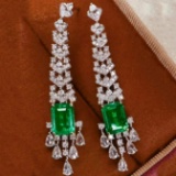 14k Gold 5.24 Ctw Vivid Green Natural Emerald & Diamond Earrings