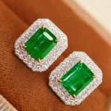 14k Gold 2.26 Ctw Vivid Green Natural Emerald & Diamond Earrings