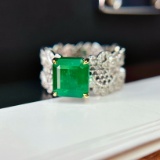 14k Gold 2.65 Ct Vivid Green Natural Emerald & Diamond Ring