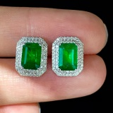 14k Gold 1.8 Ct Vivid Green Natural Emerald & Diamond Earrings