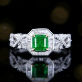 14k Gold 1.16 Ctw Vivid Green Natural Emerald & Diamond Ring