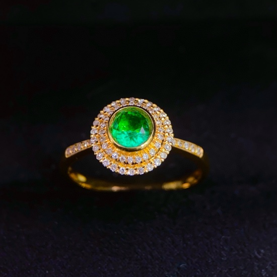 14k Gold 0.45 Ct Vivid Green Natural Emerald & Diamond Ring