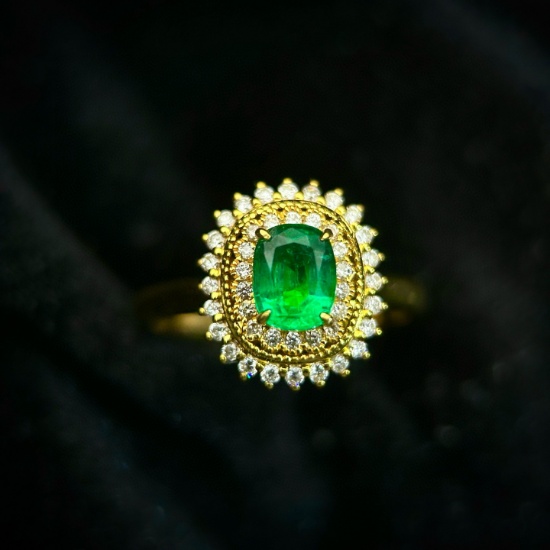 14k Gold 1.43 Ctw Vivid Green Natural Emerald & Diamond Ring