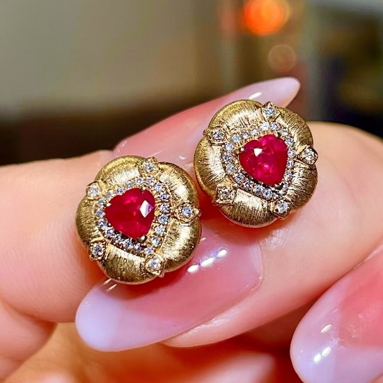 14k Gold 0.98 Ctw Natural Ruby & Diamond Earrings